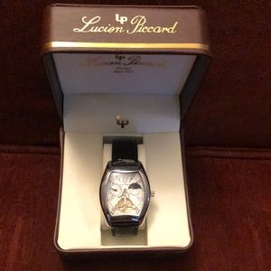 Lucien Picard mens black leather auto-wind designer watch. NEVER WORN